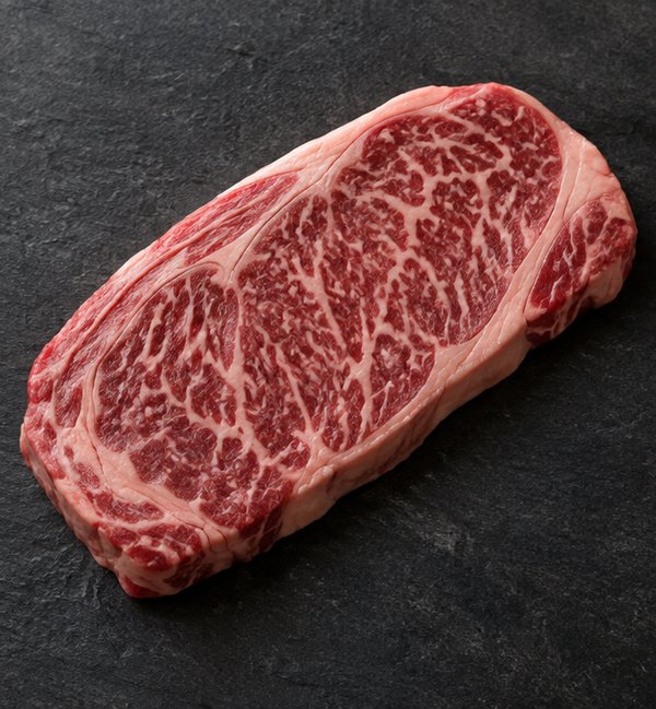 Wagyu marbling swatch showing medium fat distribution, marble score 5 to 7