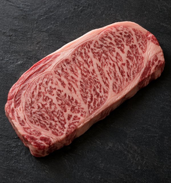 Wagyu marbling swatch showing dense fat distribution, marble score 8 to 9 plus